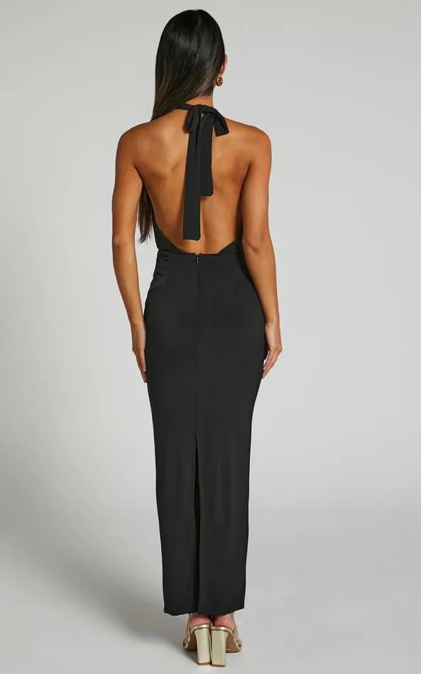 Showpo Claret Midi Dress Rosette Halter Midi Dress In Black Women Dresses