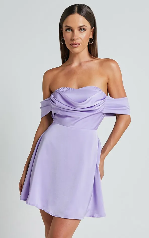 Showpo Clarinde Mini Dress 8211 Off Shoulder Gathered Bodice In Lilac Women Dresses Showpo Clarinde Mini Dress 8211 Off Shoulder Gathered Bodice In Lilac Women Dresses