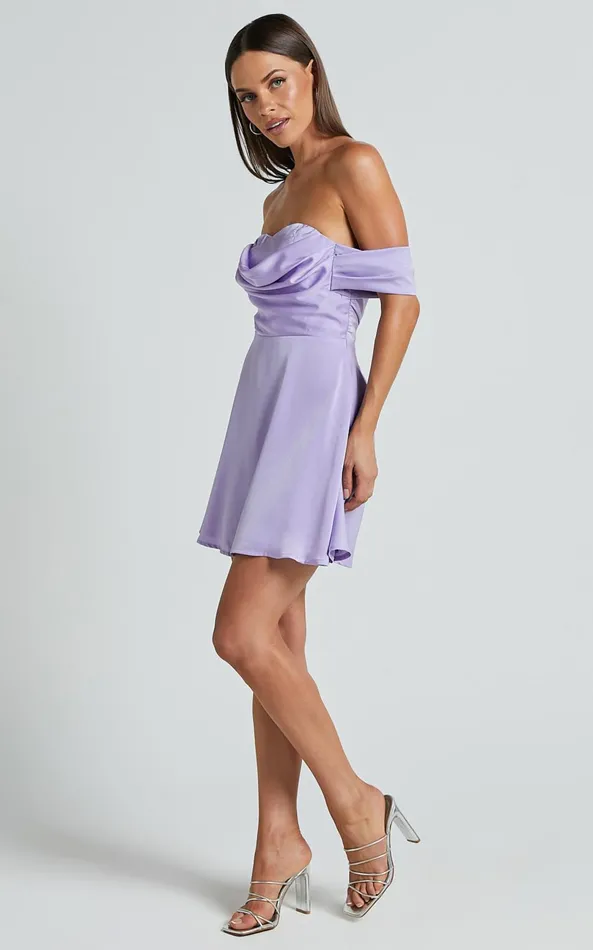 Showpo Clarinde Mini Dress 8211 Off Shoulder Gathered Bodice In Lilac Women Dresses