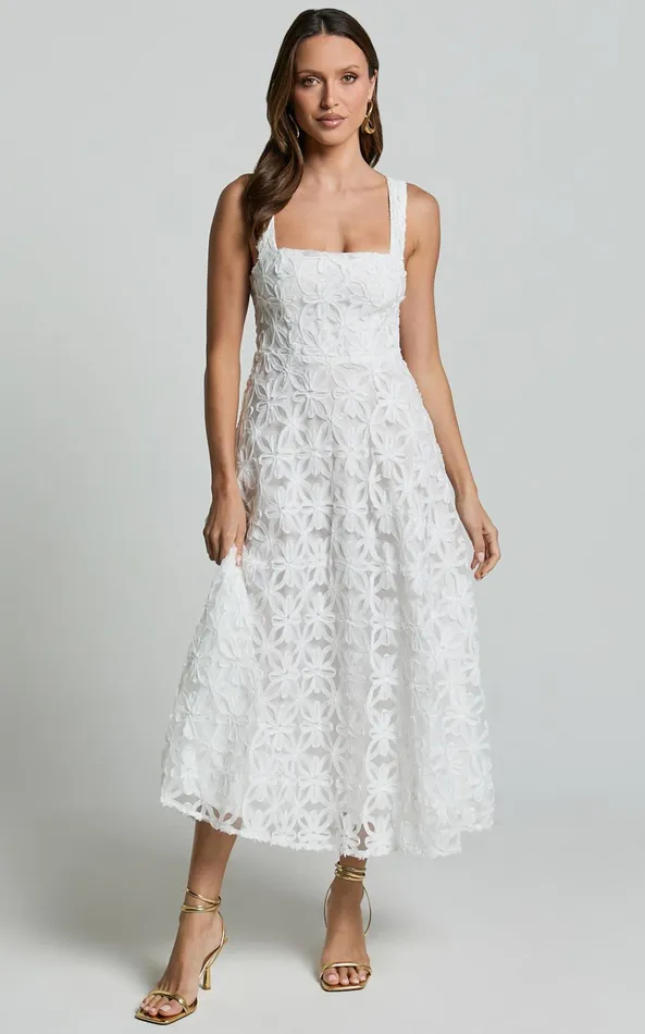 Showpo Clarissa Midi Dress 8211 Square Neck Open Back A Line Dress In White Women Dresses