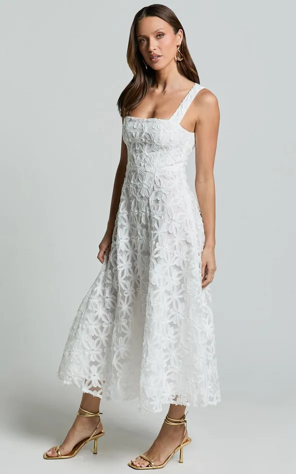 Showpo Clarissa Midi Dress 8211 Square Neck Open Back A Line Dress In White Women Dresses