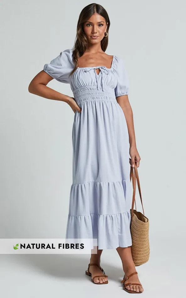 Showpo Claritza Midi Dress 8211 Linen Look Short Puff Sleeve Square Neck Tiered Dress In Pale Blue Women Dresses Showpo Claritza Midi Dress 8211 Linen Look Short Puff Sleeve Square Neck Tiered Dress In Pale Blue Women Dresses