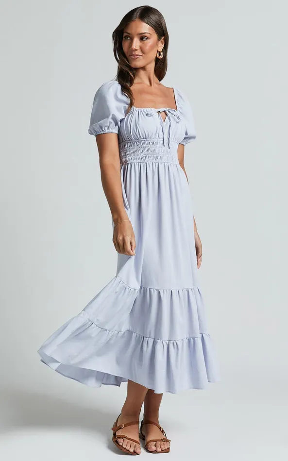 Showpo Claritza Midi Dress 8211 Linen Look Short Puff Sleeve Square Neck Tiered Dress In Pale Blue Women Dresses