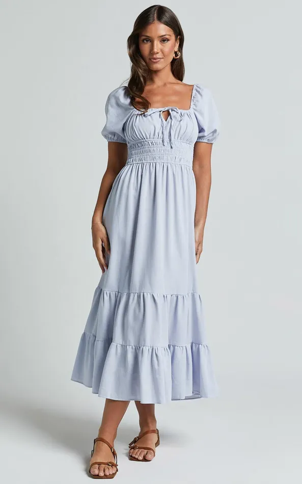 Showpo Claritza Midi Dress 8211 Linen Look Short Puff Sleeve Square Neck Tiered Dress In Pale Blue Women Dresses