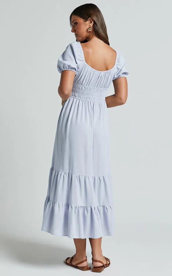 Showpo Claritza Midi Dress 8211 Linen Look Short Puff Sleeve Square Neck Tiered Dress In Pale Blue Women Dresses