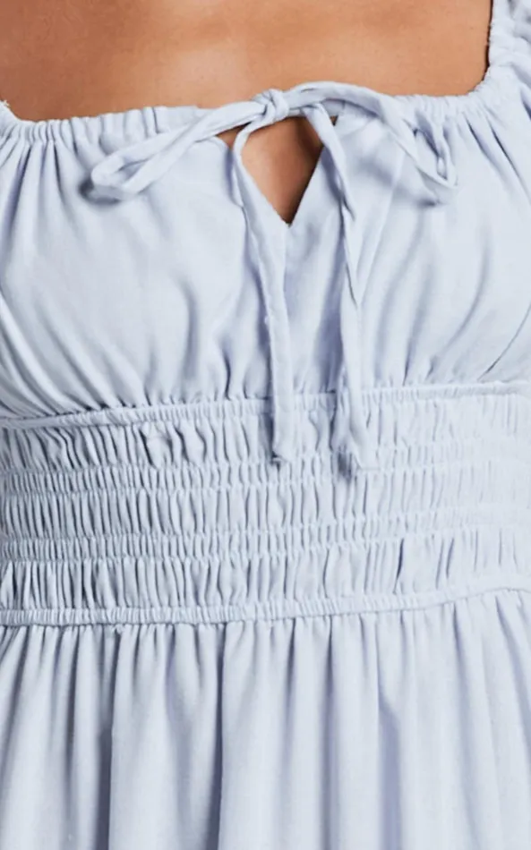 Showpo Claritza Midi Dress 8211 Linen Look Short Puff Sleeve Square Neck Tiered Dress In Pale Blue Women Dresses
