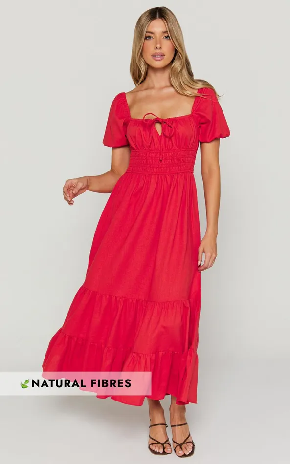 Showpo Claritza Midi Dress 8211 Linen Look Short Puff Sleeve Square Neck Tiered Dress In Red Women Curve Clothes Showpo Claritza Midi Dress 8211 Linen Look Short Puff Sleeve Square Neck Tiered Dress In Red Women Curve Clothes