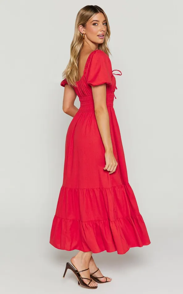 Showpo Claritza Midi Dress 8211 Linen Look Short Puff Sleeve Square Neck Tiered Dress In Red Women Curve Clothes