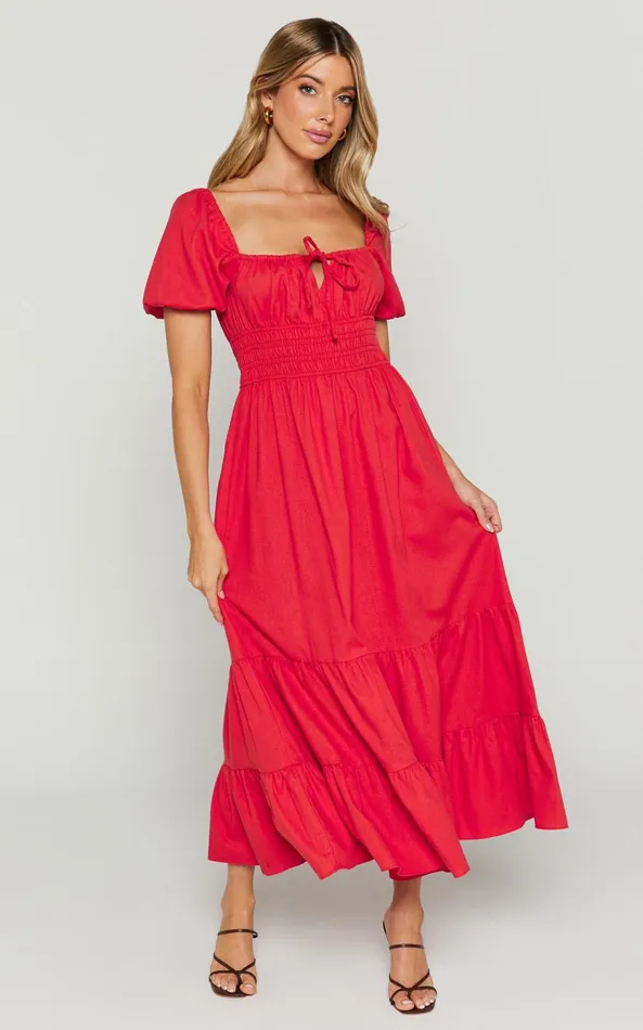 Showpo Claritza Midi Dress 8211 Linen Look Short Puff Sleeve Square Neck Tiered Dress In Red Women Curve Clothes
