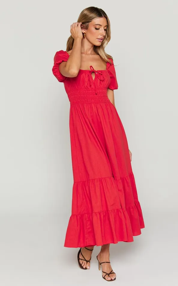 Showpo Claritza Midi Dress 8211 Linen Look Short Puff Sleeve Square Neck Tiered Dress In Red Women Curve Clothes