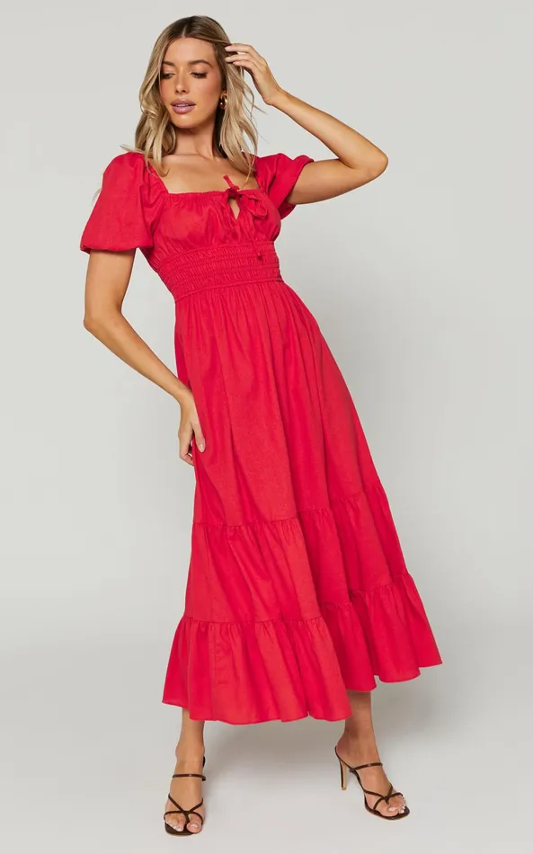 Showpo Claritza Midi Dress 8211 Linen Look Short Puff Sleeve Square Neck Tiered Dress In Red Women Curve Clothes