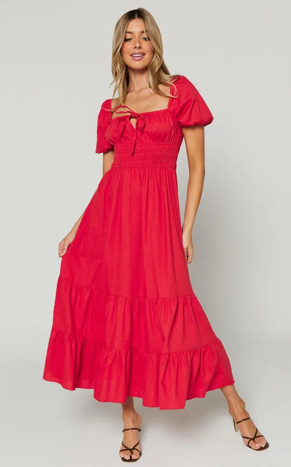 Showpo Claritza Midi Dress 8211 Linen Look Short Puff Sleeve Square Neck Tiered Dress In Red Women Curve Clothes