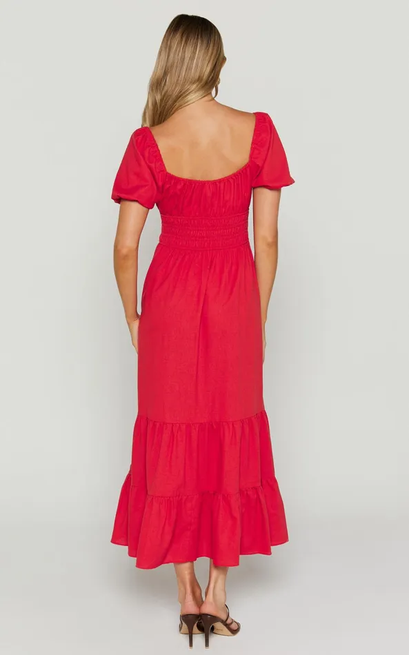 Showpo Claritza Midi Dress 8211 Linen Look Short Puff Sleeve Square Neck Tiered Dress In Red Women Curve Clothes