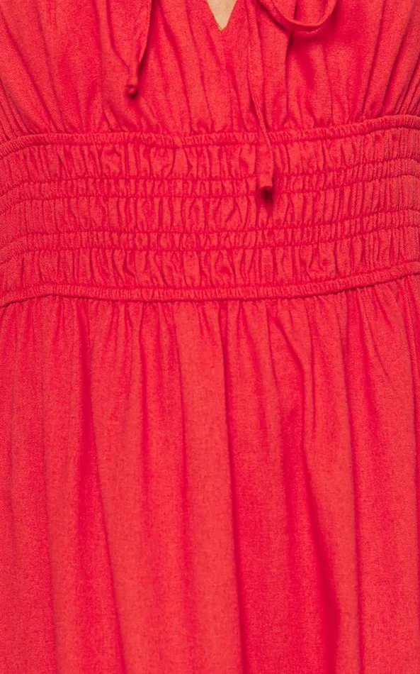 Showpo Claritza Midi Dress 8211 Linen Look Short Puff Sleeve Square Neck Tiered Dress In Red Women Curve Clothes