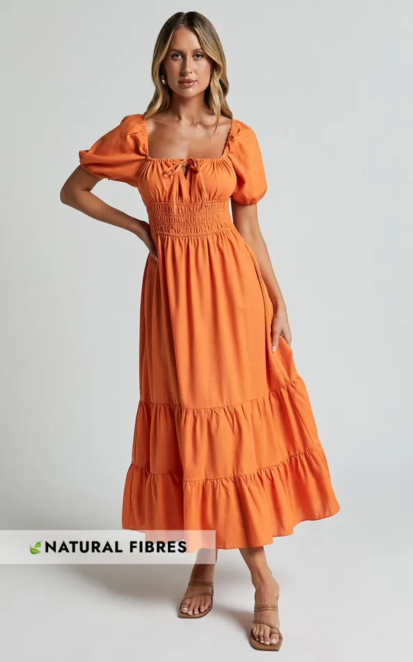 Showpo Claritza Midi Dress 8211 Linen Look Short Puff Sleeve Square Neck Tiered Dress In Sherbert Women Dresses Showpo Claritza Midi Dress 8211 Linen Look Short Puff Sleeve Square Neck Tiered Dress In Sherbert Women Dresses