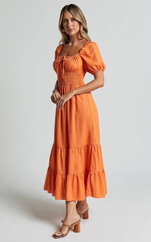 Showpo Claritza Midi Dress 8211 Linen Look Short Puff Sleeve Square Neck Tiered Dress In Sherbert Women Dresses
