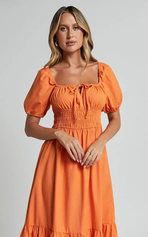 Showpo Claritza Midi Dress 8211 Linen Look Short Puff Sleeve Square Neck Tiered Dress In Sherbert Women Dresses