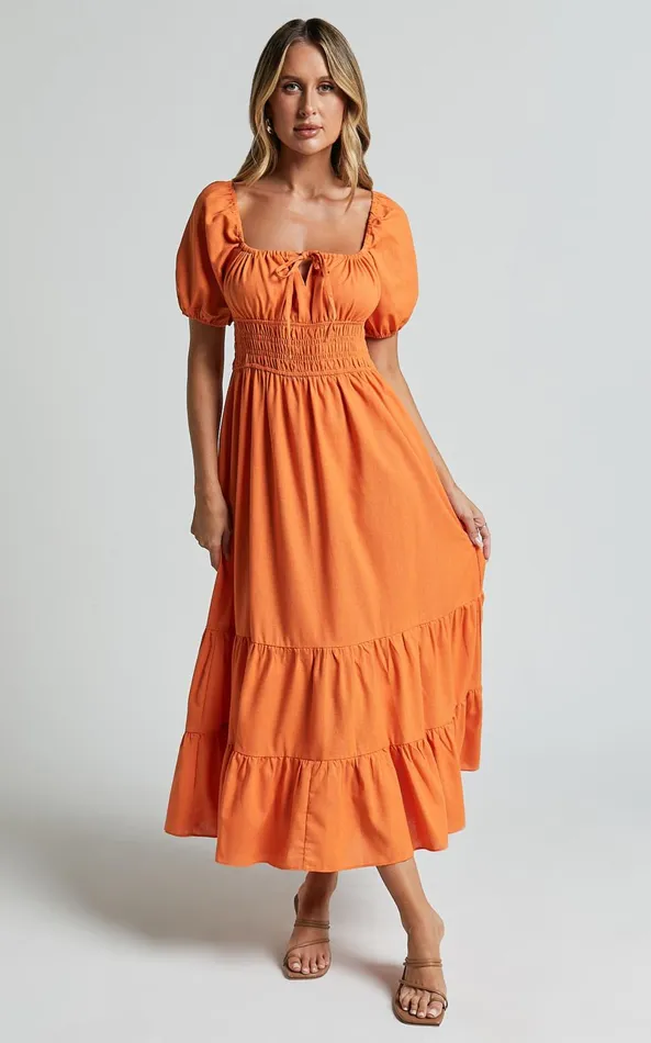 Showpo Claritza Midi Dress 8211 Linen Look Short Puff Sleeve Square Neck Tiered Dress In Sherbert Women Dresses