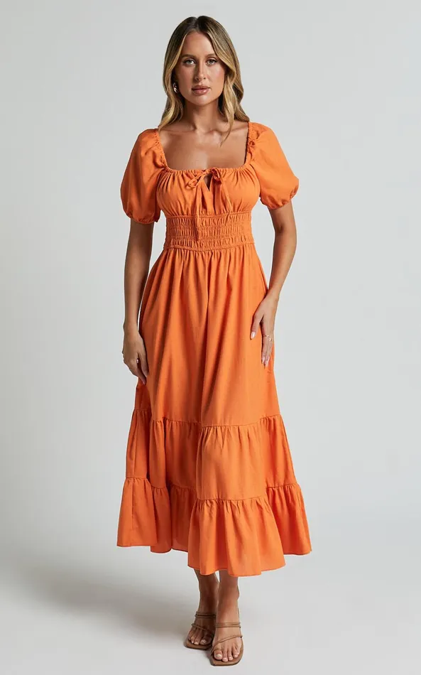 Showpo Claritza Midi Dress 8211 Linen Look Short Puff Sleeve Square Neck Tiered Dress In Sherbert Women Dresses
