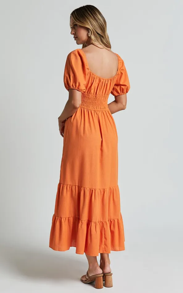 Showpo Claritza Midi Dress 8211 Linen Look Short Puff Sleeve Square Neck Tiered Dress In Sherbert Women Dresses