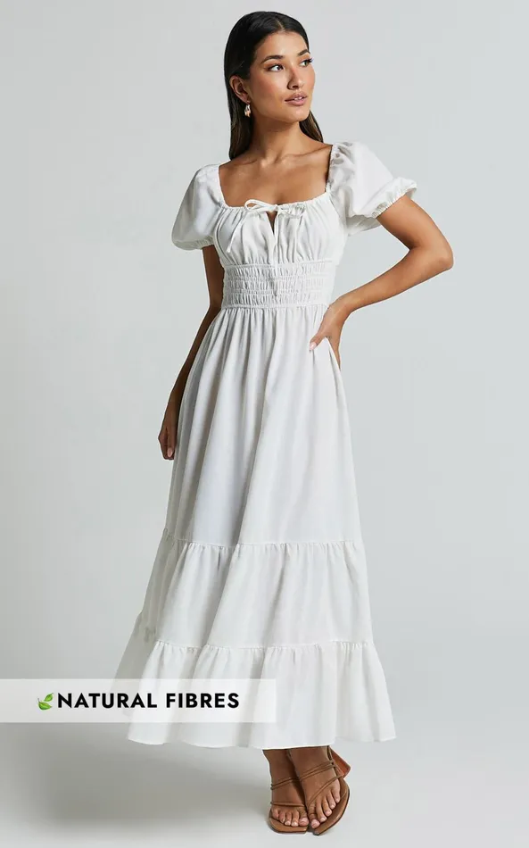 Showpo Claritza Midi Dress 8211 Linen Look Short Puff Sleeve Square Neck Tiered Dress In White Women Dresses Showpo Claritza Midi Dress 8211 Linen Look Short Puff Sleeve Square Neck Tiered Dress In White Women Dresses