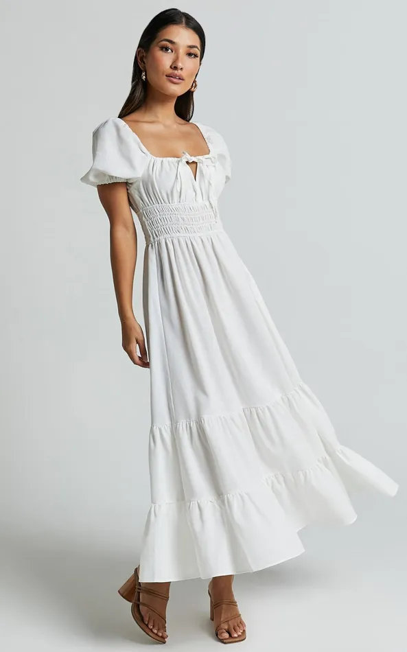 Showpo Claritza Midi Dress 8211 Linen Look Short Puff Sleeve Square Neck Tiered Dress In White Women Dresses