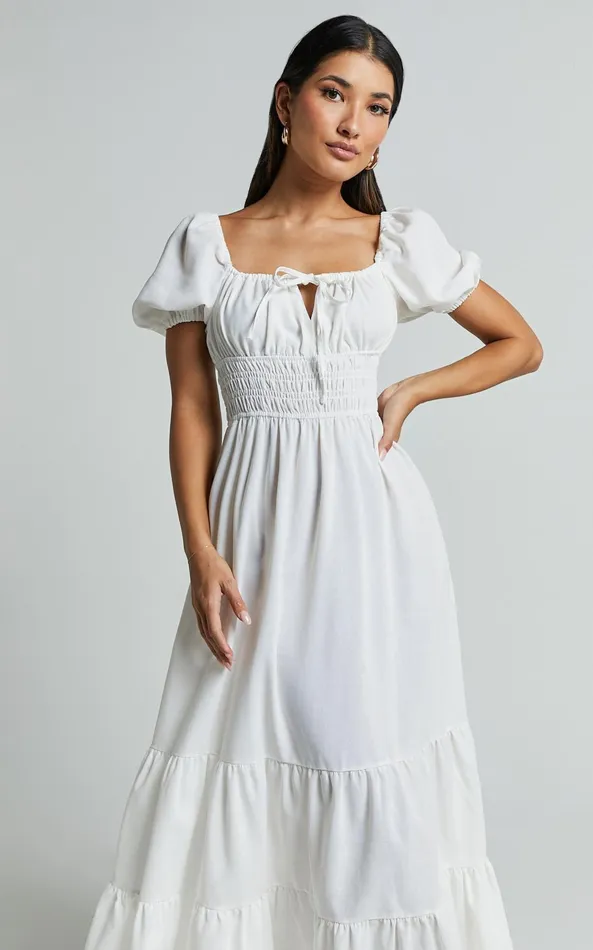 Showpo Claritza Midi Dress 8211 Linen Look Short Puff Sleeve Square Neck Tiered Dress In White Women Dresses