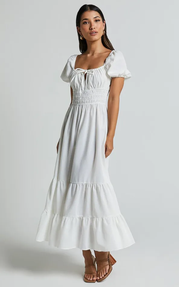 Showpo Claritza Midi Dress 8211 Linen Look Short Puff Sleeve Square Neck Tiered Dress In White Women Dresses