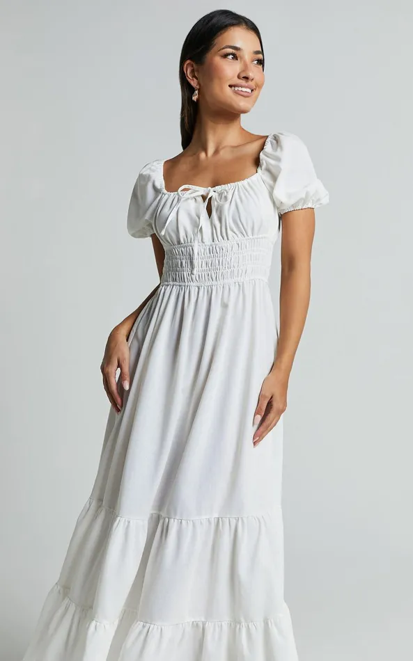 Showpo Claritza Midi Dress 8211 Linen Look Short Puff Sleeve Square Neck Tiered Dress In White Women Dresses