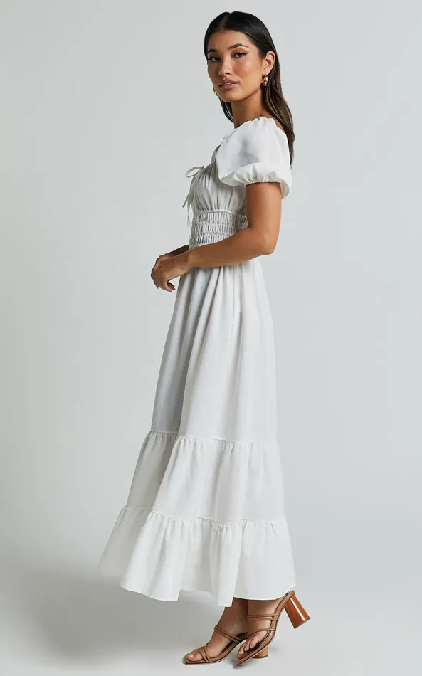 Showpo Claritza Midi Dress 8211 Linen Look Short Puff Sleeve Square Neck Tiered Dress In White Women Dresses