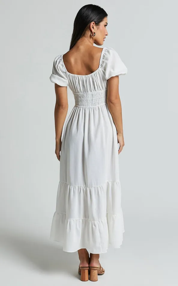 Showpo Claritza Midi Dress 8211 Linen Look Short Puff Sleeve Square Neck Tiered Dress In White Women Dresses