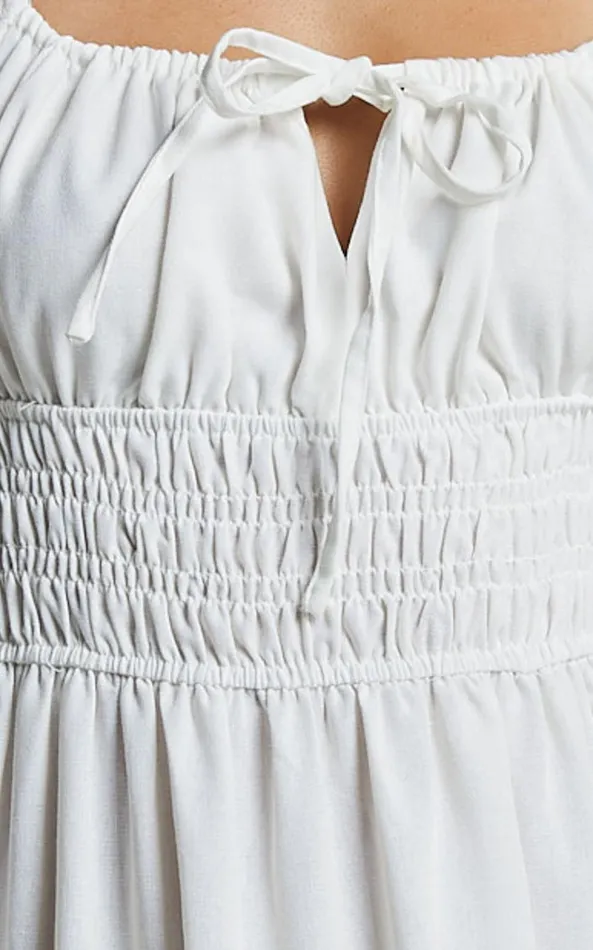 Showpo Claritza Midi Dress 8211 Linen Look Short Puff Sleeve Square Neck Tiered Dress In White Women Dresses