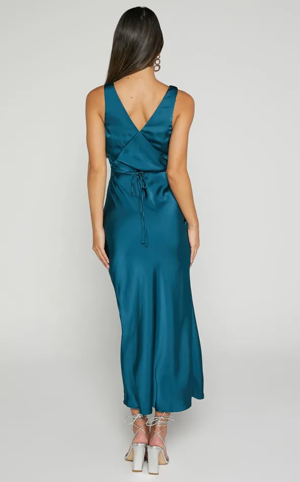 Showpo Clariztina Midi Dress 8211 Deep V Neck With Side Slit Dress In Teal Women Dresses