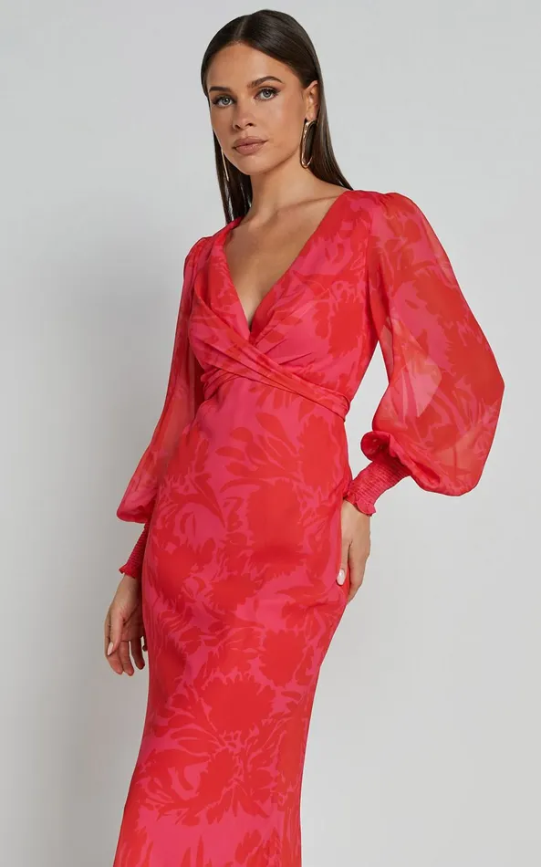 Showpo Claude Midi Dress 8211 Deep V Neck Long Sleeve Slip Dress In Print Women Dresses