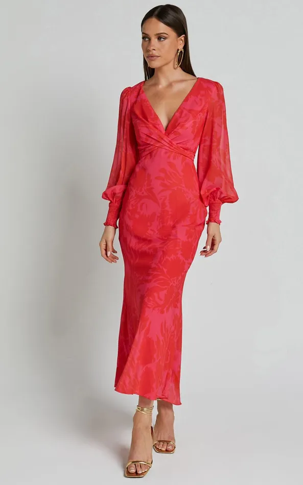 Showpo Claude Midi Dress 8211 Deep V Neck Long Sleeve Slip Dress In Print Women Dresses