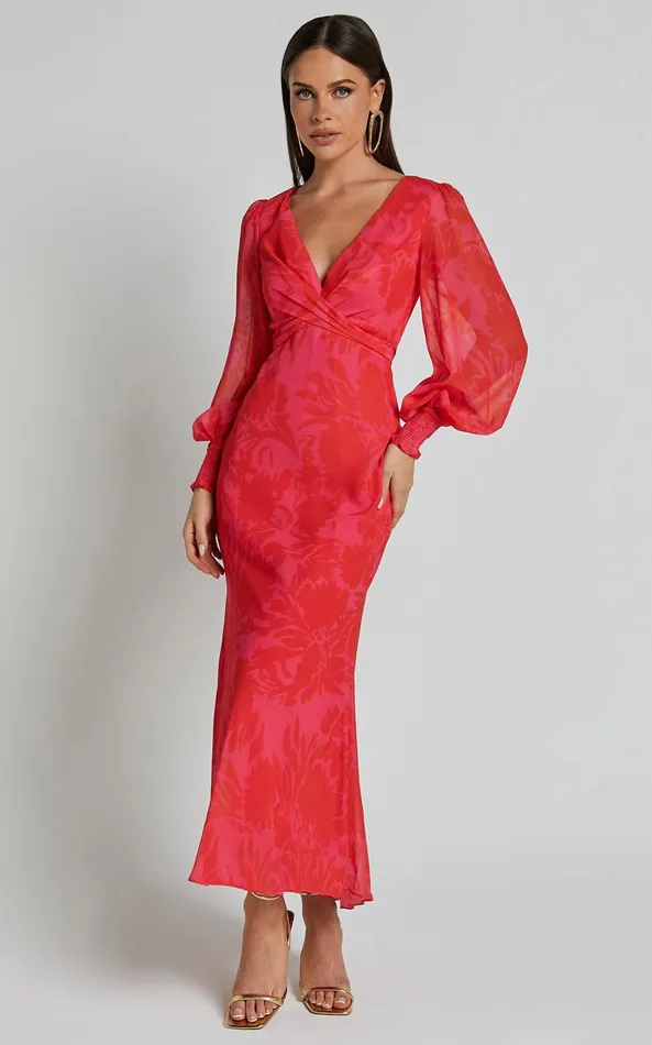 Showpo Claude Midi Dress 8211 Deep V Neck Long Sleeve Slip Dress In Print Women Dresses