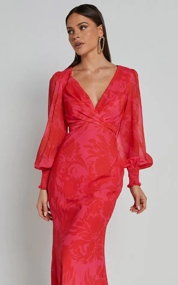 Showpo Claude Midi Dress 8211 Deep V Neck Long Sleeve Slip Dress In Print Women Dresses