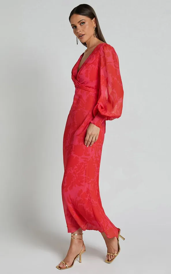 Showpo Claude Midi Dress 8211 Deep V Neck Long Sleeve Slip Dress In Print Women Dresses