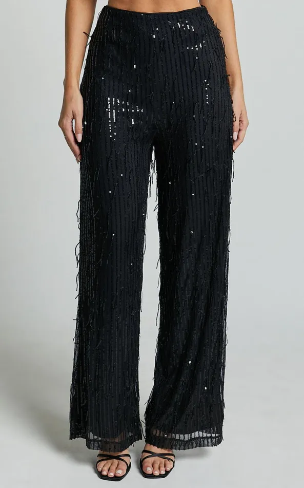 Showpo Claudette Pants 8211 High Waist Wide Leg Fringe Sequin Pants In Black Women Pants