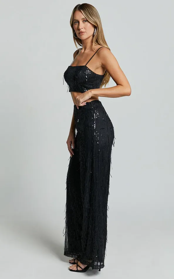 Showpo Claudette Pants 8211 High Waist Wide Leg Fringe Sequin Pants In Black Women Pants