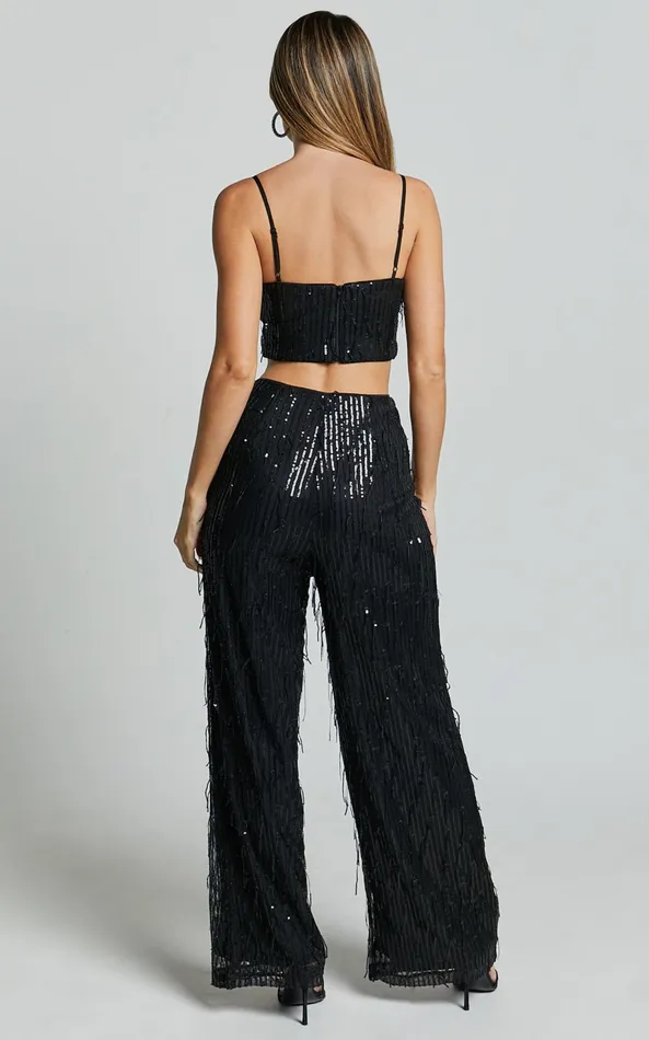 Showpo Claudette Pants 8211 High Waist Wide Leg Fringe Sequin Pants In Black Women Pants