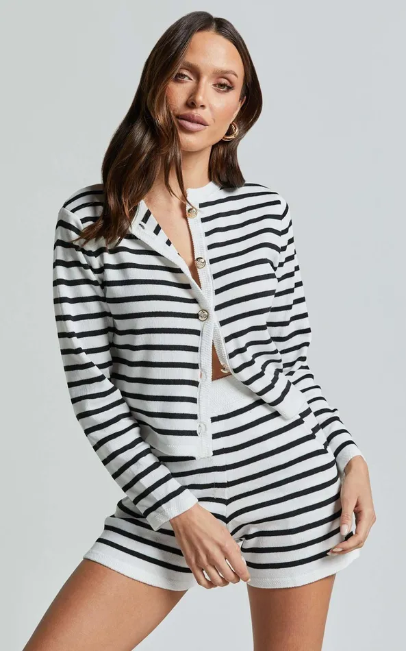 Showpo Claudette Two Piece Set 8211 Button Through Cardigan And Short Knit Set In Black and Cream Stripe Women Two Piece Sets and Coords