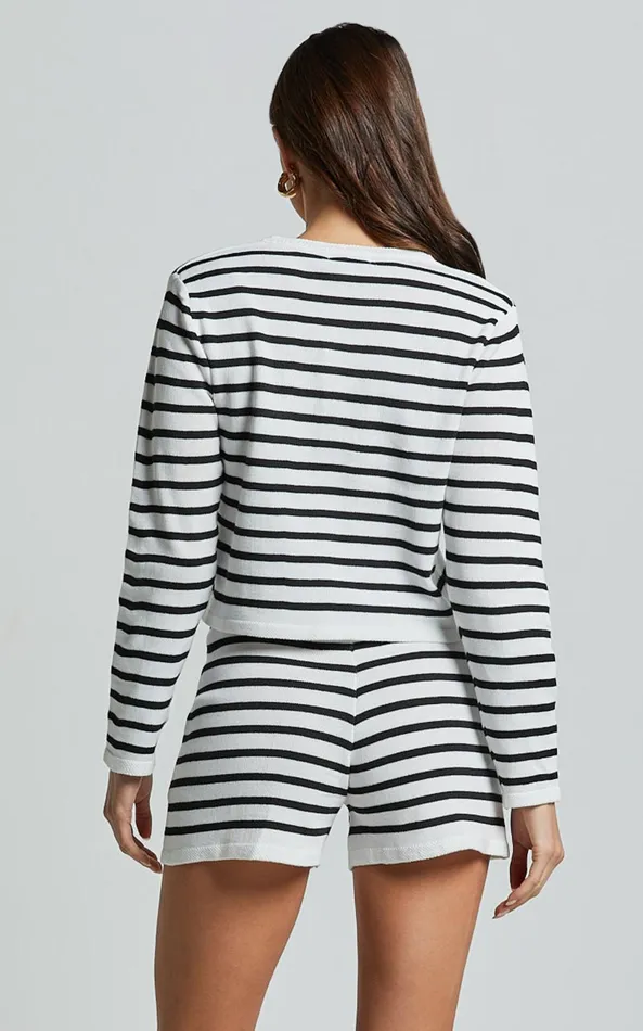 Showpo Claudette Two Piece Set 8211 Button Through Cardigan And Short Knit Set In Black and Cream Stripe Women Two Piece Sets and Coords