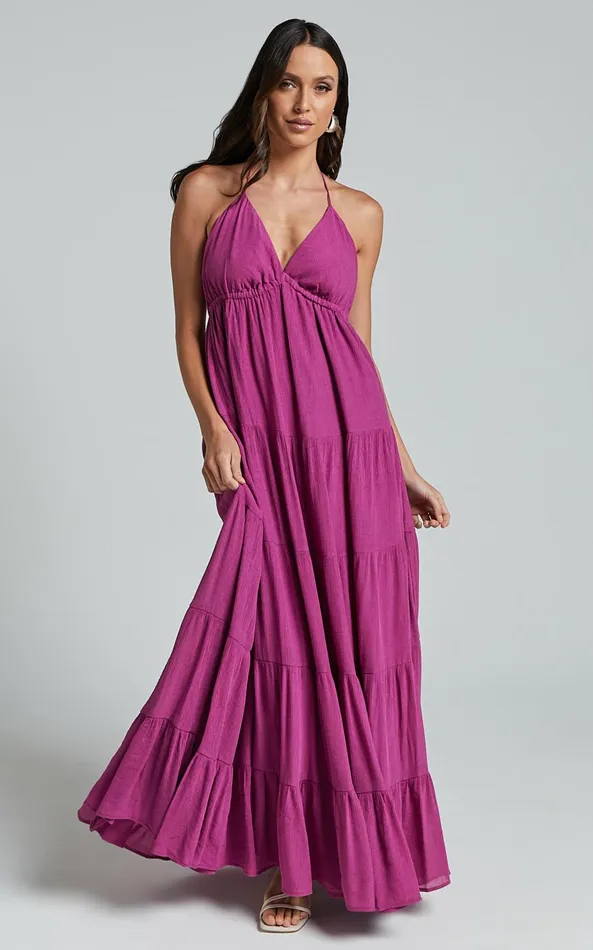Showpo Claudia Maxi Dress 8211 Halter Neck Low Back Empire Waist Tiered Dress In Magenta Women Dresses Showpo Claudia Maxi Dress 8211 Halter Neck Low Back Empire Waist Tiered Dress In Magenta Women Dresses