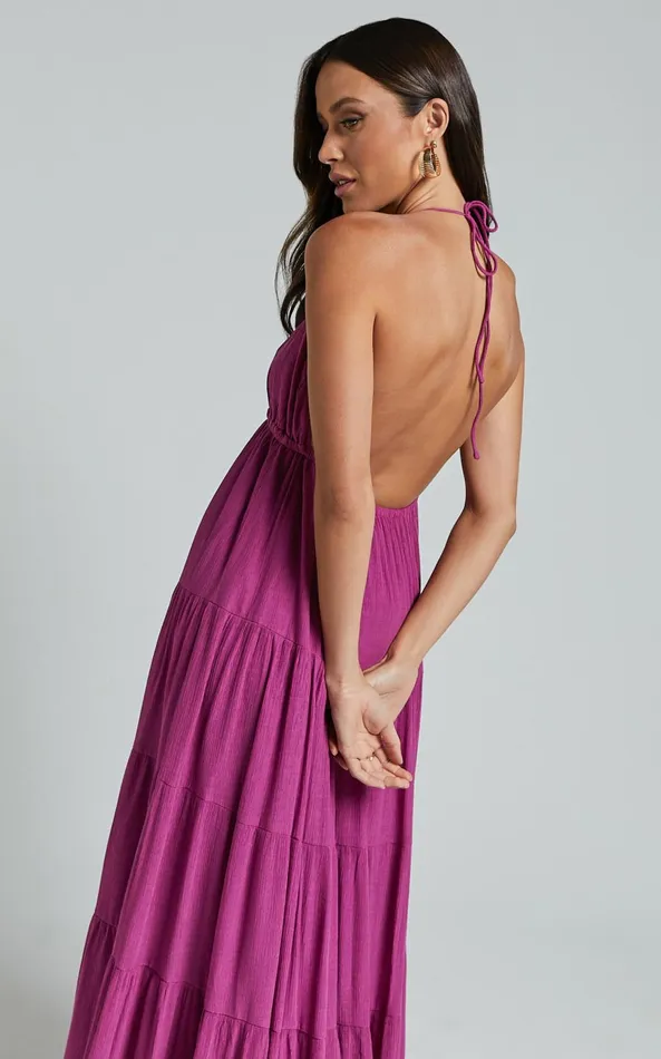 Showpo Claudia Maxi Dress 8211 Halter Neck Low Back Empire Waist Tiered Dress In Magenta Women Dresses