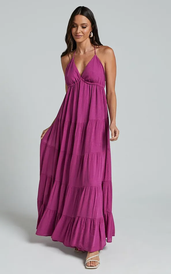 Showpo Claudia Maxi Dress 8211 Halter Neck Low Back Empire Waist Tiered Dress In Magenta Women Dresses