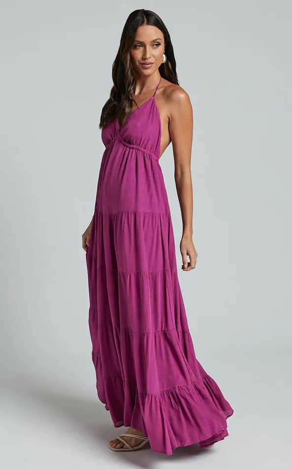 Showpo Claudia Maxi Dress 8211 Halter Neck Low Back Empire Waist Tiered Dress In Magenta Women Dresses