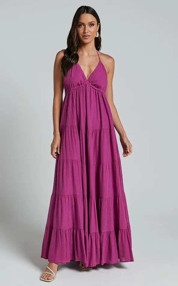Showpo Claudia Maxi Dress 8211 Halter Neck Low Back Empire Waist Tiered Dress In Magenta Women Dresses