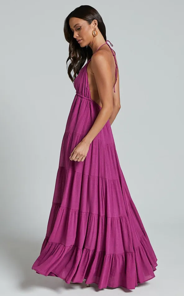 Showpo Claudia Maxi Dress 8211 Halter Neck Low Back Empire Waist Tiered Dress In Magenta Women Dresses