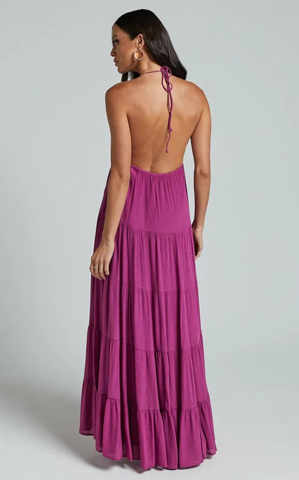Showpo Claudia Maxi Dress 8211 Halter Neck Low Back Empire Waist Tiered Dress In Magenta Women Dresses